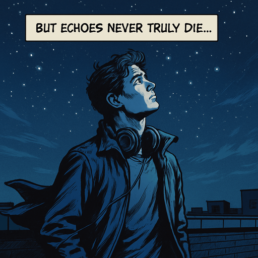 2048x2048, realistic comic style. Night sky on a rooftop, Noah gazes at the stars with headphones around his neck. Gentle wind flutters his jacket. Deep blue, nostalgic color tones. Add a transparent narrator box at the top-center with the text: "But echoes never truly die...".
In-Game asset.  2d.  High contrast.  No shadows