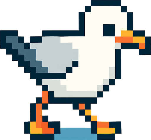 seagull, pixelart, walking down.
In-Game asset.  2d.  High contrast.  No shadows
