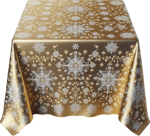 Photorealistic gold-colored, silver snowflakes Christmas tablecloth, front view.