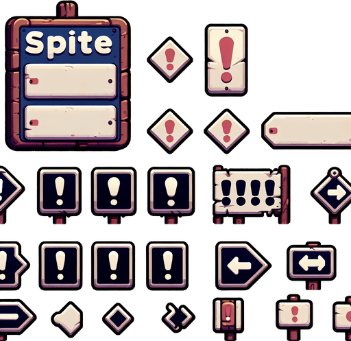 A sprite sheet of signs with exclamation points on them.
Single Game Texture. In-Game asset. 2d. Blank background. High contrast. No shadows.
