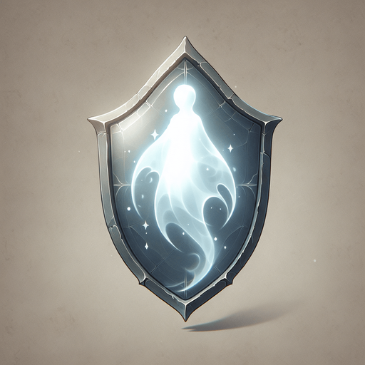 a translucent, ghostly shield or a faint outline of a guardian spirit figure..
Single Game Texture.  In-Game asset.  2d.  Blank background.  High contrast.  No shadows