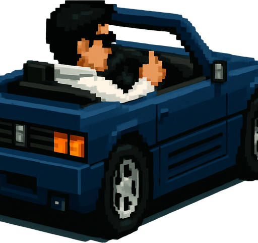 The hair color of the driver is black and he wears a futuristic white jacket