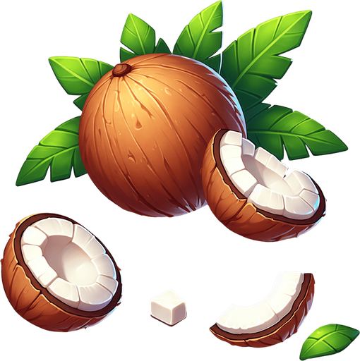 A coconut and a few pieces of coconut.
Single Game Texture. In-Game asset. 2d. Blank background. High contrast. No shadows.
