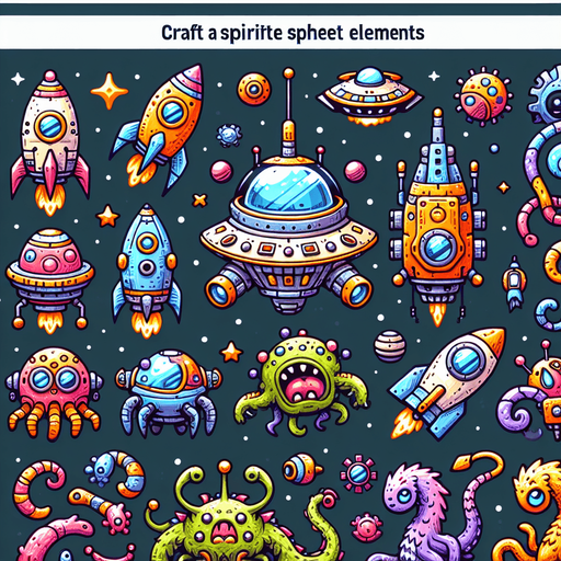Spritesheet, Including spaceships, UFOs, Boss monster, Space monster...
Studio Ghibli. Mobile game. Colorful. hand drawn. cute, fun. In-Game asset. 2d. Blank background. High contrast. No shadows.
