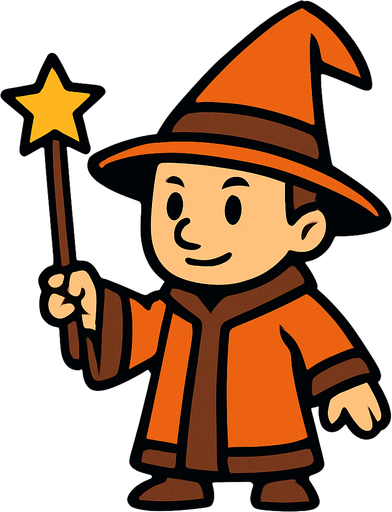 Mago con sombrero naranja y marrón sin barba con varita con estrella, de cuerpo entero.
In-Game asset.  2d.  High contrast.  No shadows