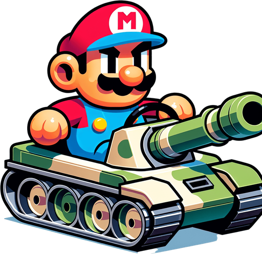 Mario driving a tank.
Single Game Texture.  In-Game asset.  2d.  Blank background.  High contrast.  No shadows