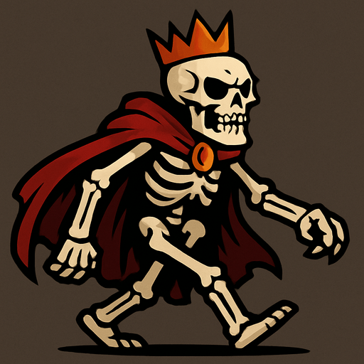 ölümsüz kemikler kralı sağdan sola yürüyor gibi.
In-Game asset.  2d.  High contrast.  No shadows