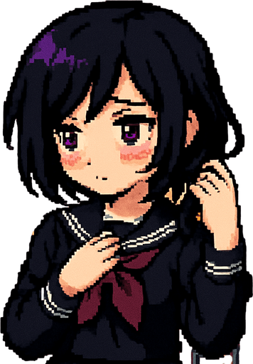 A cute anime-style girl depicted in pixel art, with an emo aesthetic and striking purple eyes. She's wearing a classic Japanese school uniform (sailor fuku). She has a shy expression, with blushing cheeks and an averted gaze. Her left hand is playing with her hair, while her right hand rests on her chest. In the background, there's a typical anime-style classroom.