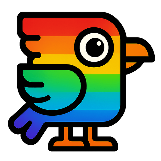 Square shaped rainbow bird facing right.
In-Game asset.  2d.  High contrast.  No shadows