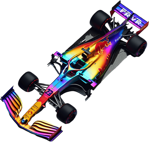Full-length F1 concept race car IN TOP VIEW! 
Rainbow coloured Gradient paint on body. "FRVR" text..
Single Game Texture. In-Game asset. 2d. Blank background. High contrast. No shadows.