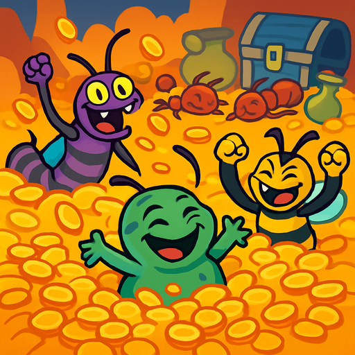 When the evil insects win, they celebrate by swimming in piles of gold coins. Cartoonish, colorful, and fun scene. In the background, defeated allied ants and the lost treasure atmosphere. Filled with vibrant colors and animated details..
In-Game asset.  2d.  High contrast.  No shadows