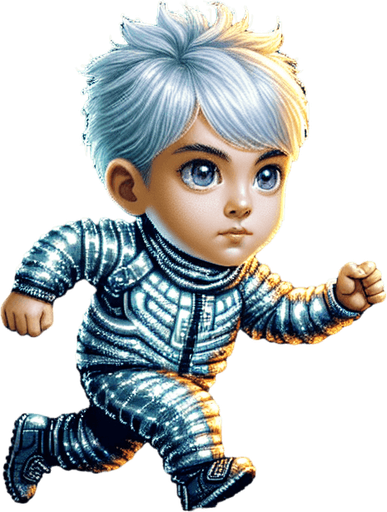 Horizontal Endless Runner Cyberpunk Kid dressed in silver with white hair and shades, running sprite sheet of 2 frames, retro super nintendo graphics..
Single Game Texture. In-Game asset. 2d. Blank background. High contrast. No shadows.