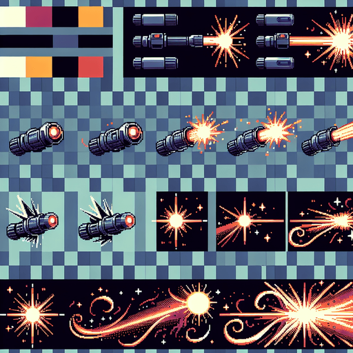 Create a series of pixel art images depicting a blaster shot. The blaster shot should be represented by a small, glowing projectile with a trail of smoke or sparks. The animation should consist of eight frames and loop continuously. Use a limited color palette of 16 colors or less, simple shapes and lines, and transparency for a seamless background. Employ standard pixel art techniques like dithering and anti-aliasing.
Bright flash, sizzling sound, swift arc, fading glow.