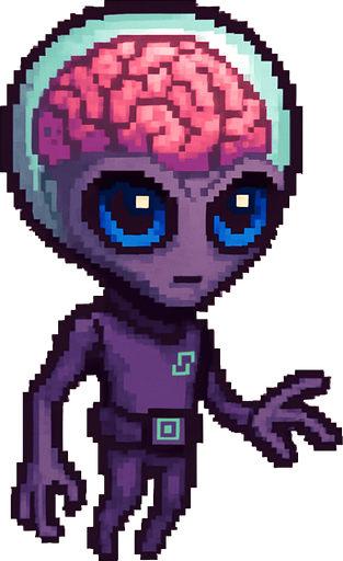 El alien debe ser un personaje de aspecto inteligente y misterioso en estilo pixel art, con una gran cabeza semitransparente que permita ver un cerebro rosado o verdoso expuesto, con textura simple y líneas marcadas que lo hagan reconocible; los ojos deben ser grandes, brillantes y expresivos, de color azul, morado o rojo, transmitiendo inteligencia o curiosidad; su cuerpo debe ser delgado o compacto, con brazos largos o dedos visibles, de color verde, gris o púrpura, con detalles mínimos como placas, símbolos alienígenas o un cinturón tecnológico; puede flotar o tener animación de levitación, con fondo transparente y un estilo que combine lo caricaturesco con lo ligeramente inquietante, perfecto para un juego de ciencia ficción o niveles espaciales..
In-Game asset.  2d.  High contrast.  No shadows