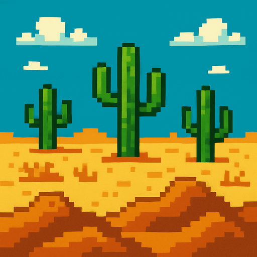 Make a 2D image of a pixelated desert.
In-Game asset.  2d.  High contrast.  No shadows