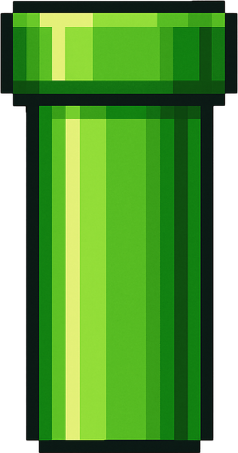 A pixel art green pipe bottom section from a side view, designed for a 2D side-scrolling game like Flappy Bird. The pipe is vertically stretched and has a bright green, smooth surface with subtle shading to show depth. The pipe should be closed at the bottom and open at the top, and it should look metallic and cartoonish, consistent with a retro game style..
In-Game asset.  2d.  High contrast.  No shadows. pixel art. side view. retro style. bright colors