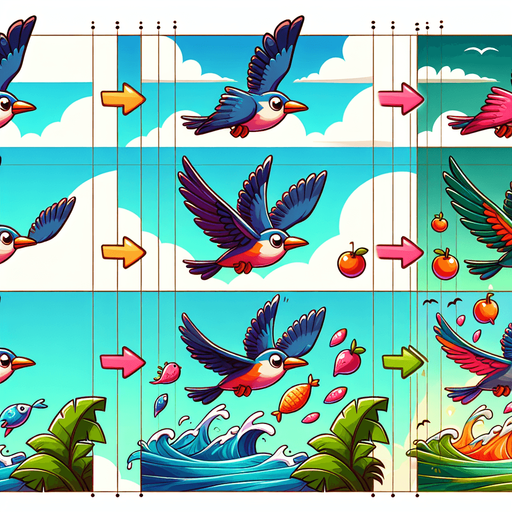 it could imagine flying high in the sky, touching the sea, catching fish, eating fruit, and flying with a flock..
Single Game Texture. In-Game asset. 2d. Blank background. High contrast. No shadows.