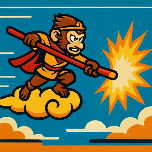 monglkey king raja kera di atas awan kinton menyerang dengan tongkat sakti. side scroller image.
In-Game asset.  2d.  High contrast.  No shadows