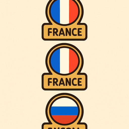 A flat, 2D game UI-style asset showing a vertical set of three country pins labeled: "France "Russia". Each pin includes a circular flag icon above the text label. The layout is columnar, cartoonish, and visually clean. Each pin should be exportable or usable individually for a mobile game's level selection screen..
In-Game asset.  2d.  High contrast.  No shadows