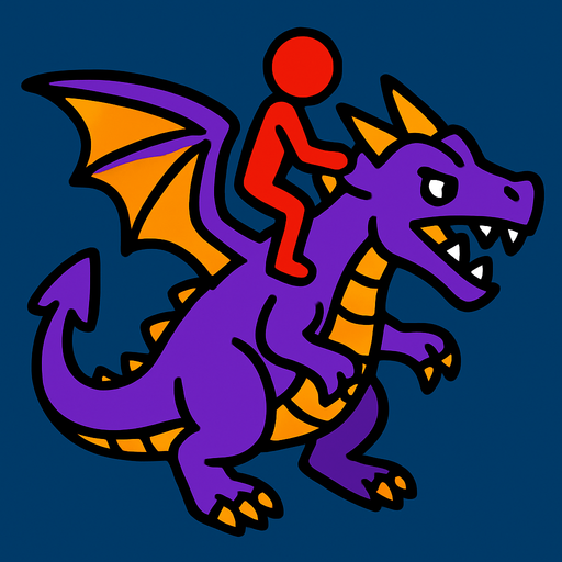 Purple dragon with a red stickman riding it.
In-Game asset.  2d.  High contrast.  No shadows