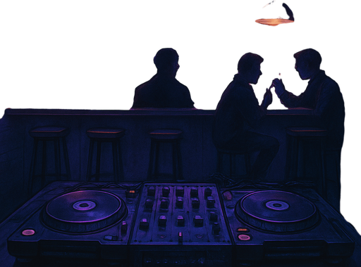 semi-realistic comic book style, moody neon lighting, lo-fi urban atmosphere, rich textures, cinematic framing, purple and blue tones, soft gradients, ambient reflections