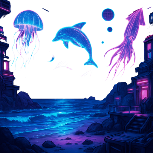 neon cyberpunk manga seaside biome  ocean beach holograms projections cyber deep sea background scene large hd overworld futuristic side platformer bg sea floor coastal