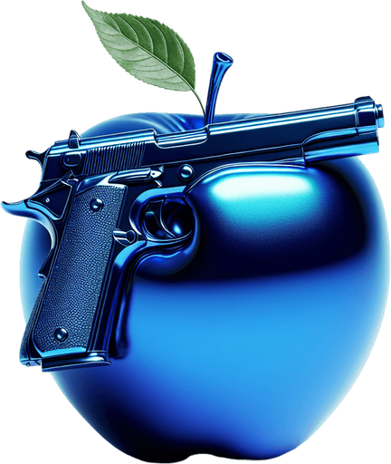 a blue apple with a gun.
In-Game asset. Blank background. High contrast.