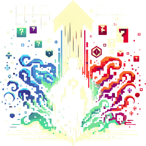 A silhouette of the hero glitching or flickering between different colors or slightly different forms. Could also be an upward arrow surrounded by swirling question marks or dice symbols..
Single Game Texture.  In-Game asset.  2d.  Blank background.  High contrast.  No shadows