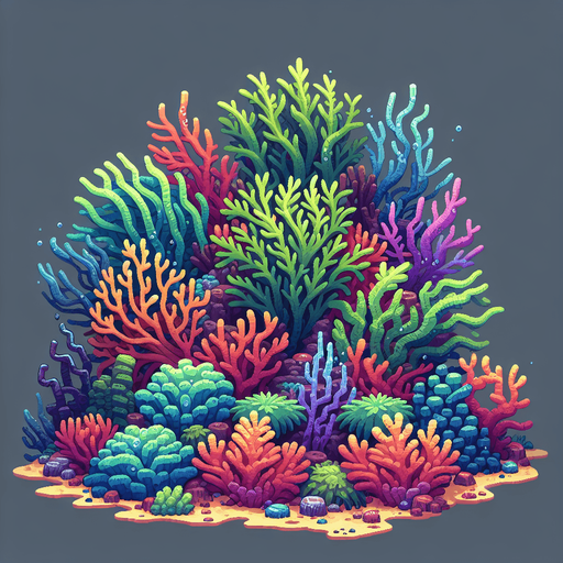 Coral with seeweed inside of it.
Single Game Texture.  In-Game asset.  2d.  Blank background.  High contrast.  No shadows