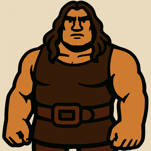 Uzun saçlı kahverengi renkte iri bir adam.
In-Game asset.  2d.  High contrast.  No shadows