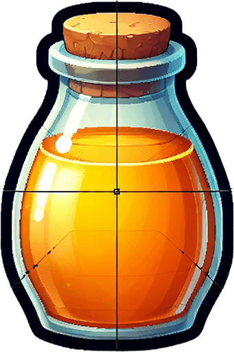 A glass bottle filled with honey.
Single Game Texture. In-Game asset. 2d. Blank background. High contrast. No shadows.