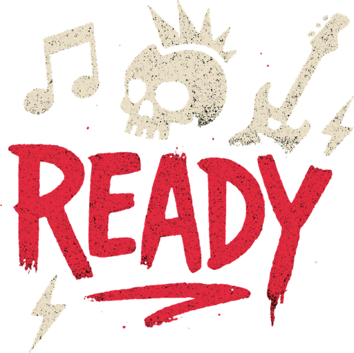 müzik temalı cool ready yazısı biraz da sprey boya punk tarzı.
In-Game asset.  2d.  High contrast.  No shadows