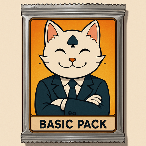 The white cat from this picture looking straight forwards and smiling, with his arms crossed on the front of a booster pack of collectible cards in plastic and seen from the front. The words “Basic Pack” on the pack underneath the picture.
