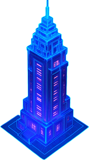 Massive futuristic neon hologram skyscraper top down isometric poking out of clouds from above elaborate cyberpunk architecture