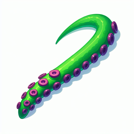 A outstretched straight octopus tentacle. Green with purple suckers. Cartoon..
Single Game Texture.  In-Game asset.  2d.  Blank background.  High contrast.  No shadows