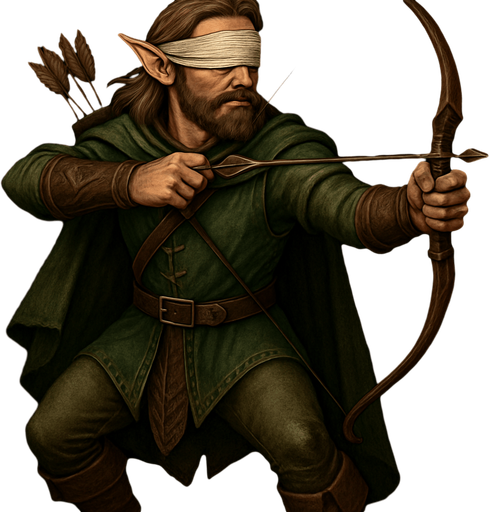 Daha ayrıntılı olsun kıyafeti elf okçu olsun ve kör olduğu için gözlerini bağlanmış olsun