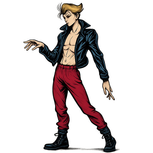 Swishy graceful man Cyberpunk manga, idle animation, shiny black leather biker jacket longsleeves shirtless Skinny abs blonde pompadour guy, wine red joggers combat boots, Background removed, "Full-body character, entirely in frame, no cropping of face, head, or feet" "Complete character visible, from head to toe, fully centered in the image" "Entire character, including face and boots, fully within the frame" Character fully contained within a square frame, no edges cut off fashion model idle pose