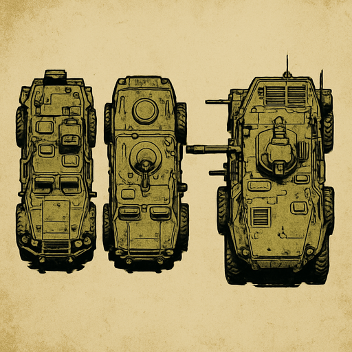 military, old, Light Armored Vehicles, top view.
In-Game asset.  2d.  High contrast.  No shadows