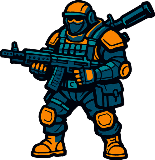 ağır silahlı savaşçı.
In-Game asset.  2d.  High contrast.  No shadows