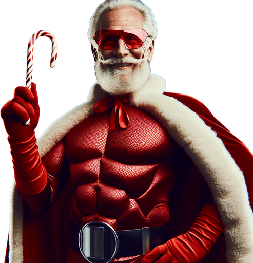 A old super hero Santa Claus holding a candy cane in his hand High contrast.