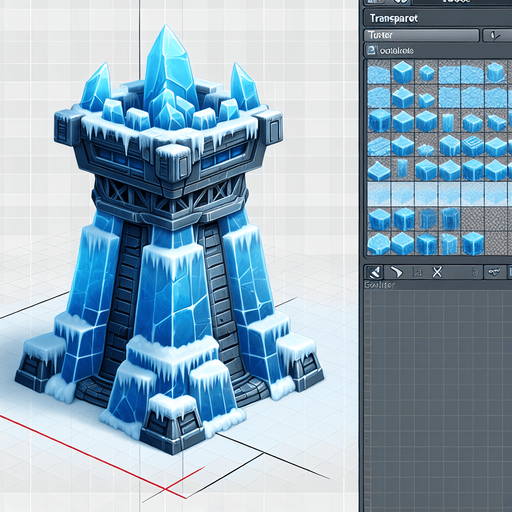 A turret tower built of iceblocks. Front view perspective. Single Game Texture. In-Game asset. 2d. Blank background. High contrast. No shadows.