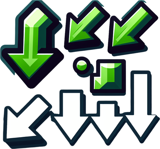 Three green arrows pointing down..
Single Game Texture. In-Game asset. 2d. Blank background. High contrast. No shadows.