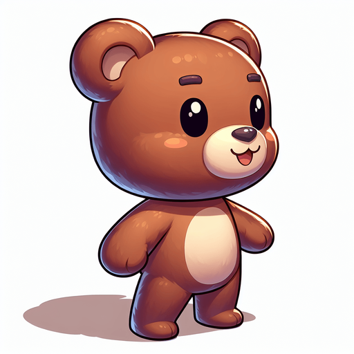 A cute brown teddy bear from his right profile, standing, looking to the right direction and smiling with his hands in front of him. Feeric style. No background. No shadows. No back light. High contrast. Single Game Texture. In-Game asset. 2d.