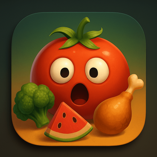 Modern App Store icon, high definition, square with rounded corners, for a game titled "Feed the Tomato: The Hungry Return" and with the description "Help a tomato eat by choosing the right foods. Too many mistakes turn it creepy, leading to a jumpscare and a haunting return.". No text on icon!