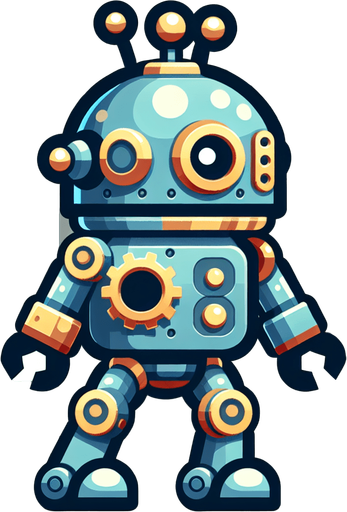 a cute robot. Transparent background..
Single Game Texture. In-Game asset. 2d. Blank background. High contrast. No shadows.