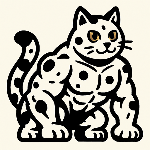 kaslı ve beyaz ama üstünde siyah benekelri olan tatlı bir kedi.
In-Game asset.  2d.  High contrast.  No shadows