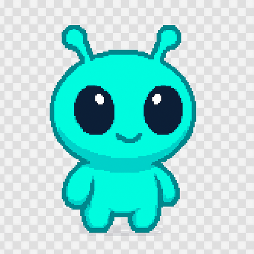El alien debe ser un personaje pequeño y tierno, con piel verde o azul brillante, cabeza grande en forma ovalada, ojos negros y brillantes de estilo caricatura, y dos antenitas cortas que se muevan ligeramente; su cuerpo debe ser redondeado y compacto, con brazos y piernas cortas, dando una apariencia amigable y divertida; el diseño debe ser en estilo 2D o pixel art suave, con una animación sutil como parpadeo o balanceo, y fondo transparente para integrarse bien en un juego colorido y casual..
In-Game asset.  2d.  High contrast.  No shadows