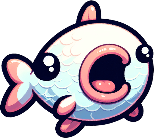 Sevimli ağzı açık ve yandan görünümlü bir balık.
Single Game Texture.  In-Game asset.  2d.  Blank background.  High contrast.  No shadows