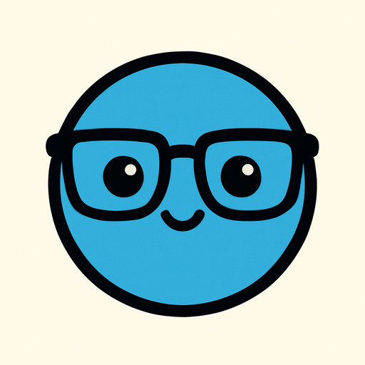 crea la imagen de una pelotita azul kawai con lentes y simple.
In-Game asset.  2d.  High contrast.  No shadows