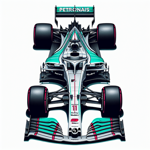 Silver f1 mercedes race car with turquoise green lines and REARwings and white "PETRONAIS" text on wings.
Red race number on car nose. black Blackberry text on sides. Top view.